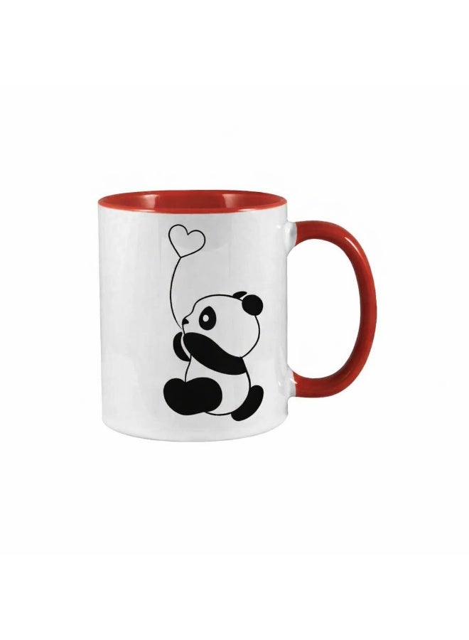 كوب قهوة سيراميك بتصميم باندا لطيف يحمل بالونًا على شكل قلب - لون أحمر ثنائي